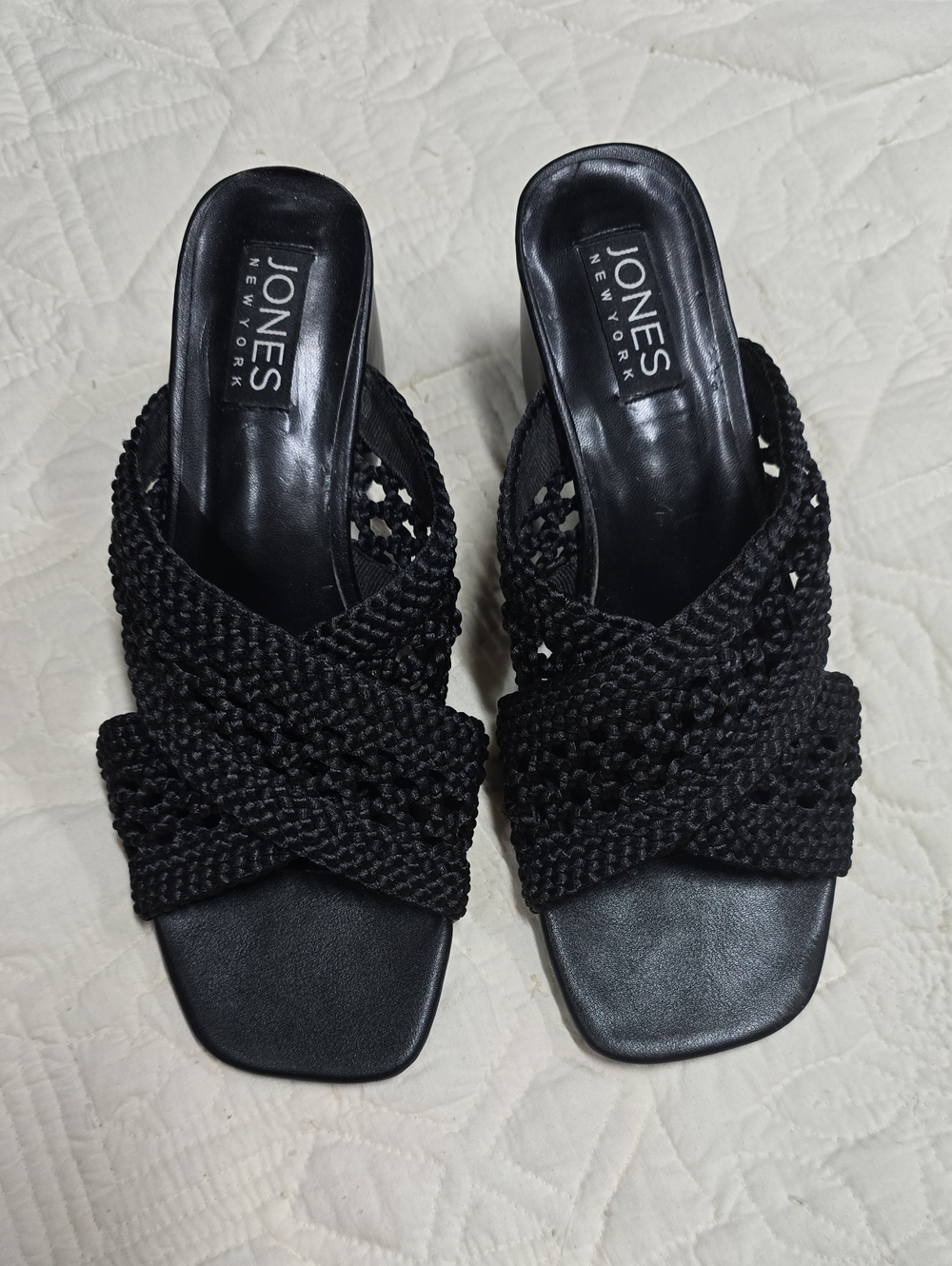 Jones New York Black Braided Crochet Block Heel Slide Mules | 7.5